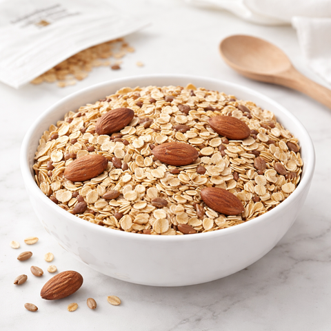 Ciotola di mandorle bio e granola artigianale con focus sui grassi essenziali delle mandorle pugliesi