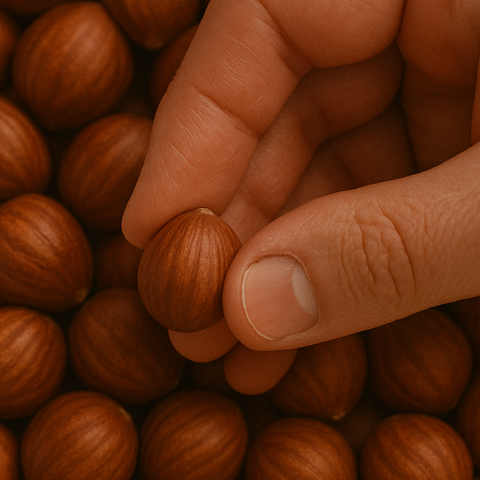 Ciotola di nocciole italiane biologiche sgusciate su tavolo in legno, pronte per ricette vegetali dolci e salate