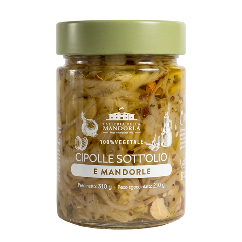 CIPOLLE SOTT'OLIO DI MANDORLA BIO - 310g — vasetto chiuso su fondo trasparente